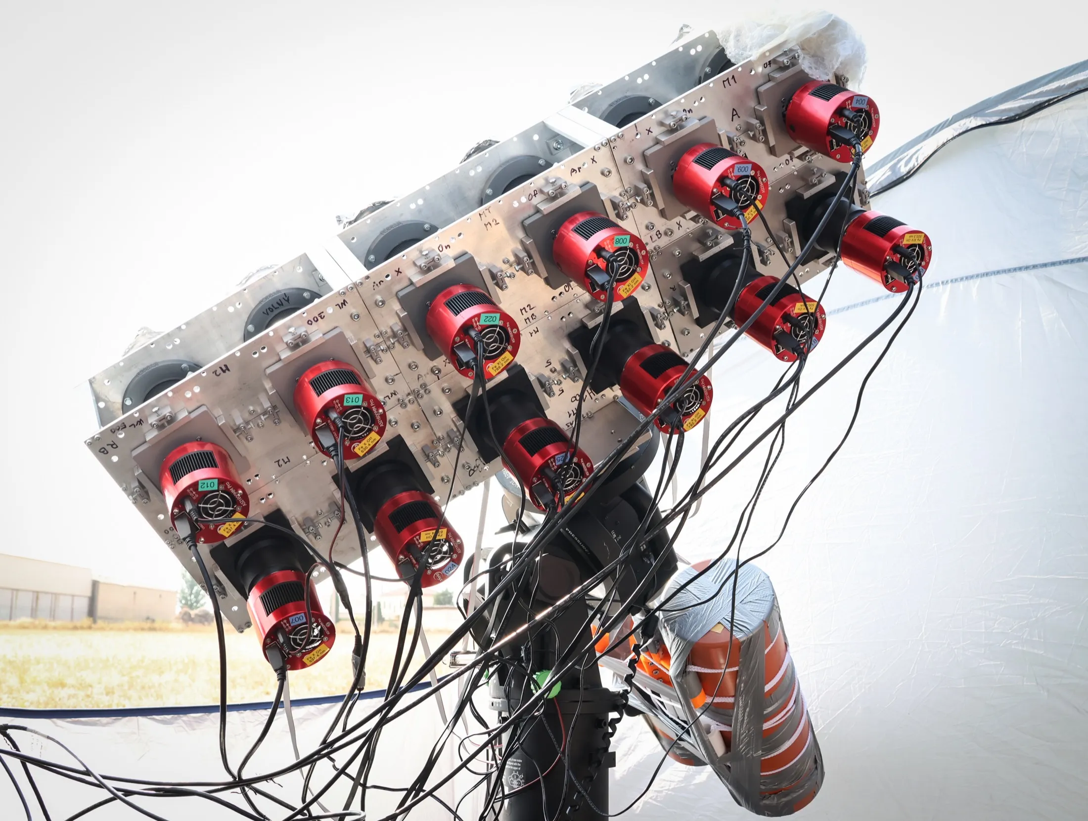 Close-up of a multi-lens camera array with a small teddy bear attached