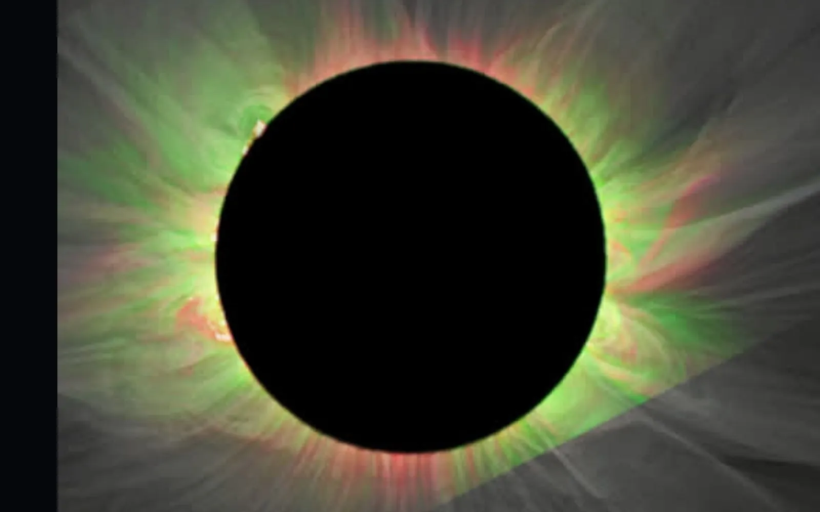 Composite eclipse image of the solar corona, with Fe XI emission in red and Fe XIV in green