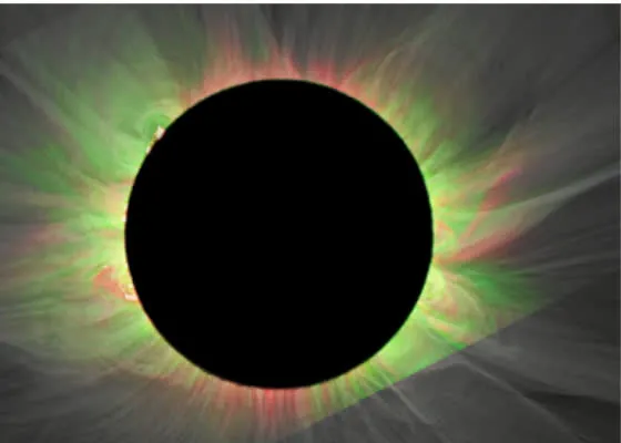 Composite eclipse image of the solar corona, with Fe XI shown in red and Fe XIV shown in green