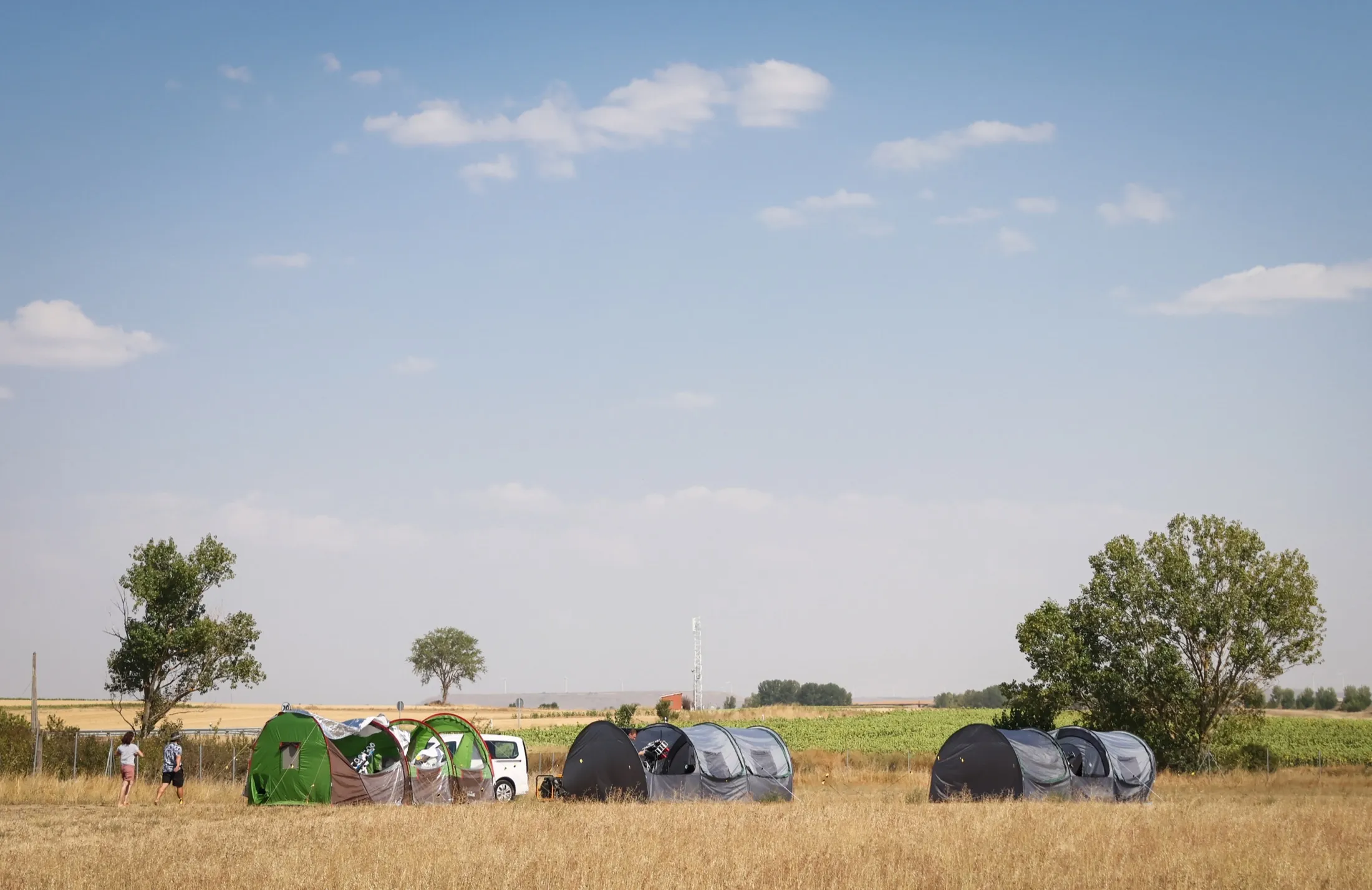 Grey observation tents lined up in a dry field under a clear sky