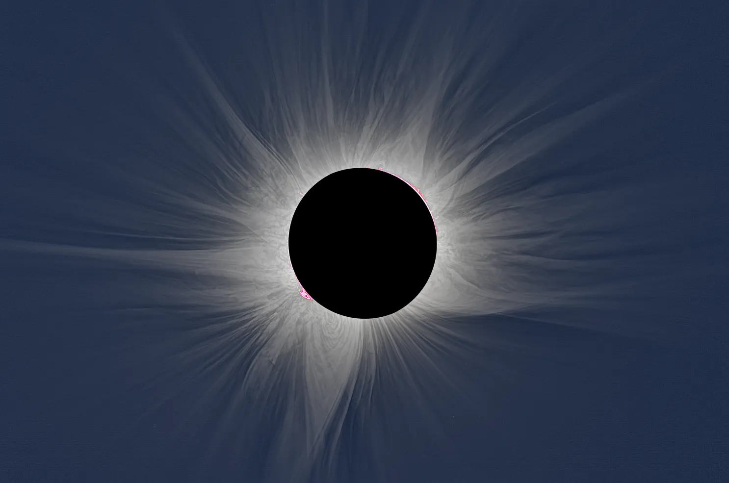 Processed white-light image of the entire solar corona visible from Pico Trigaza during the 2026 eclipse